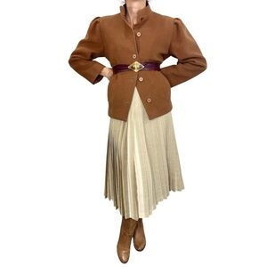 Vtg 70s Highland Queen pure wool reversible brown tan cream pleated midi skirt 6